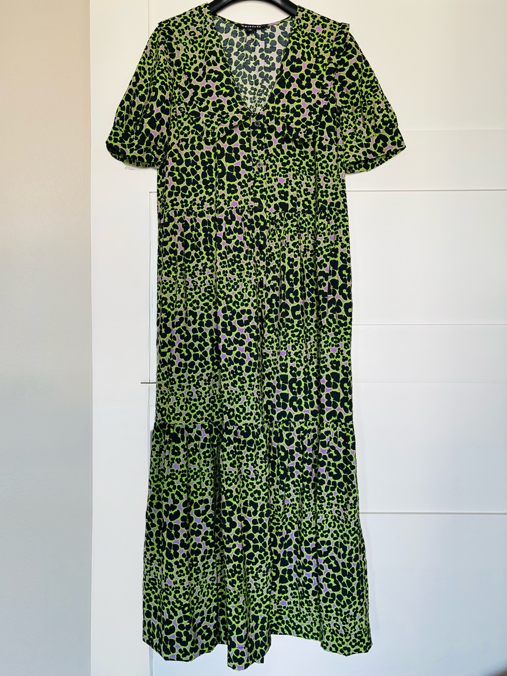 NEW Whistles US 2 UK 6 Neon Green & Purple Leopard Print Tiered Midi Dress